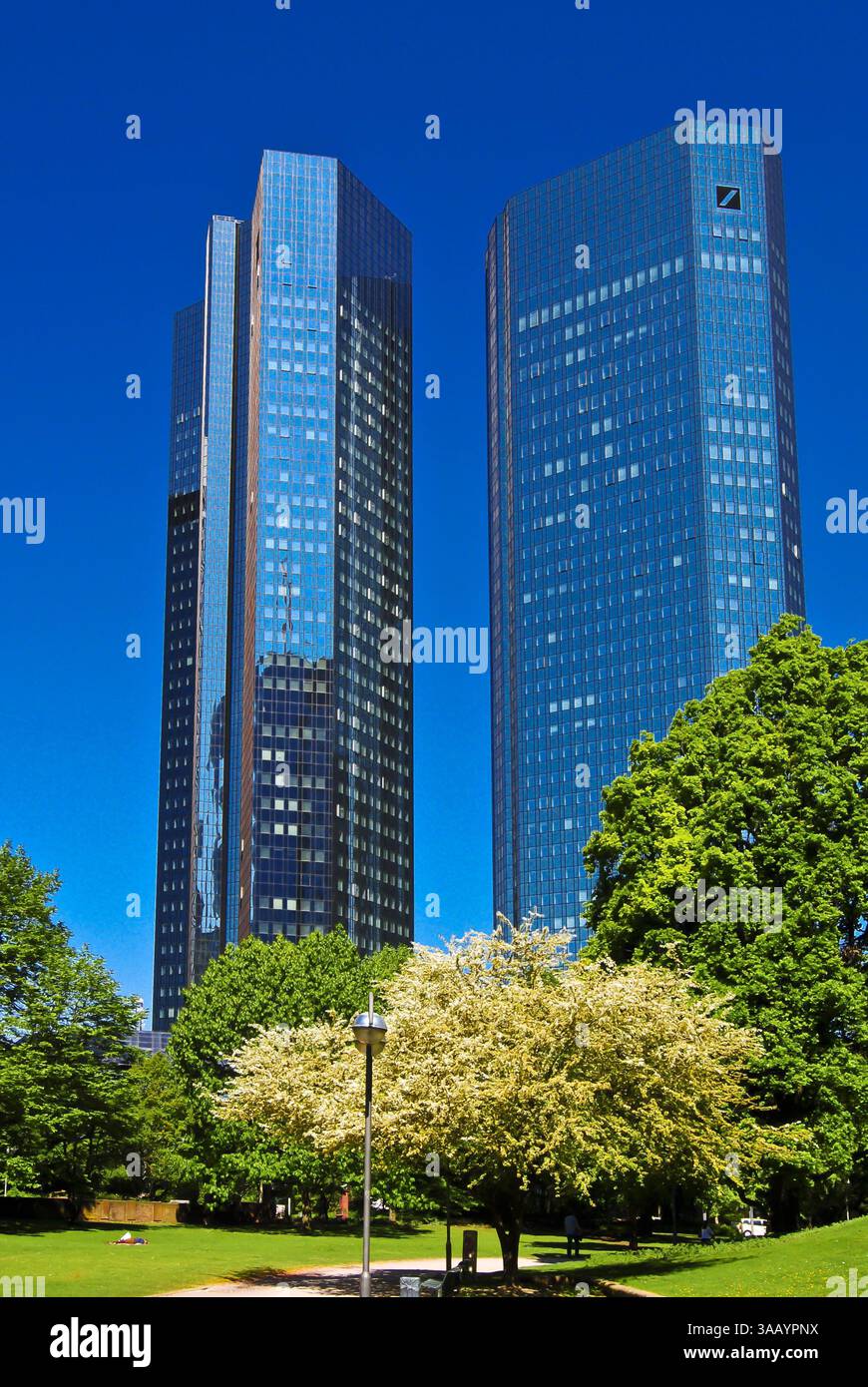 Frankfurt-on-Maine, Germany – May 4, 2012. Twin towers of Deutsche Bank in Frankfurt. Located in Westend-Sud district of Frankfurt, the towers rise to Stock Photo