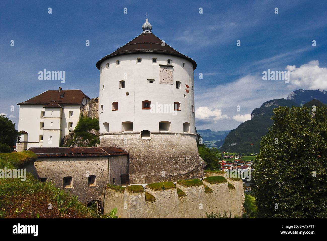 Kufstein, Austria – June 24, 2012. Festung Kufstein fortress in Kufstein, Austria. Cliff-top Festung Kufstein dates from 1205 when Kufstein was a part Stock Photo