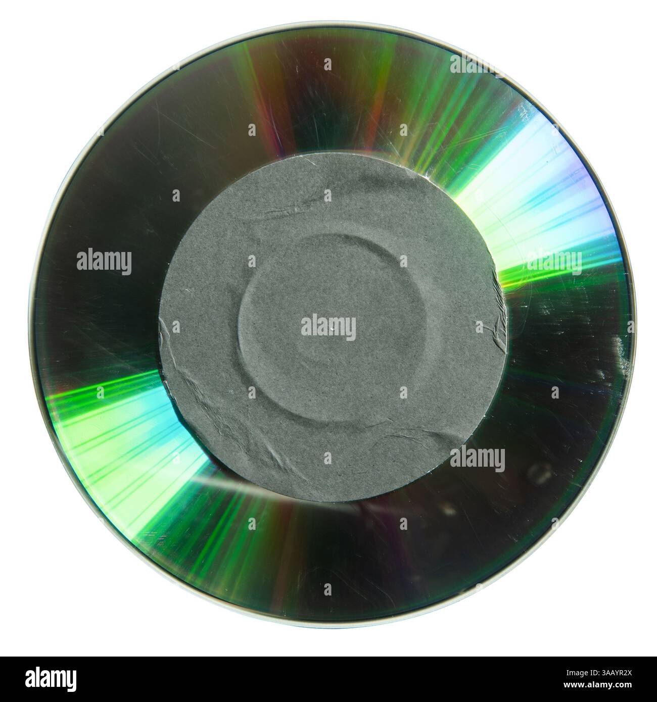 Reflective side of cd with black circular label sticker on white background with clipping path Stock Photo