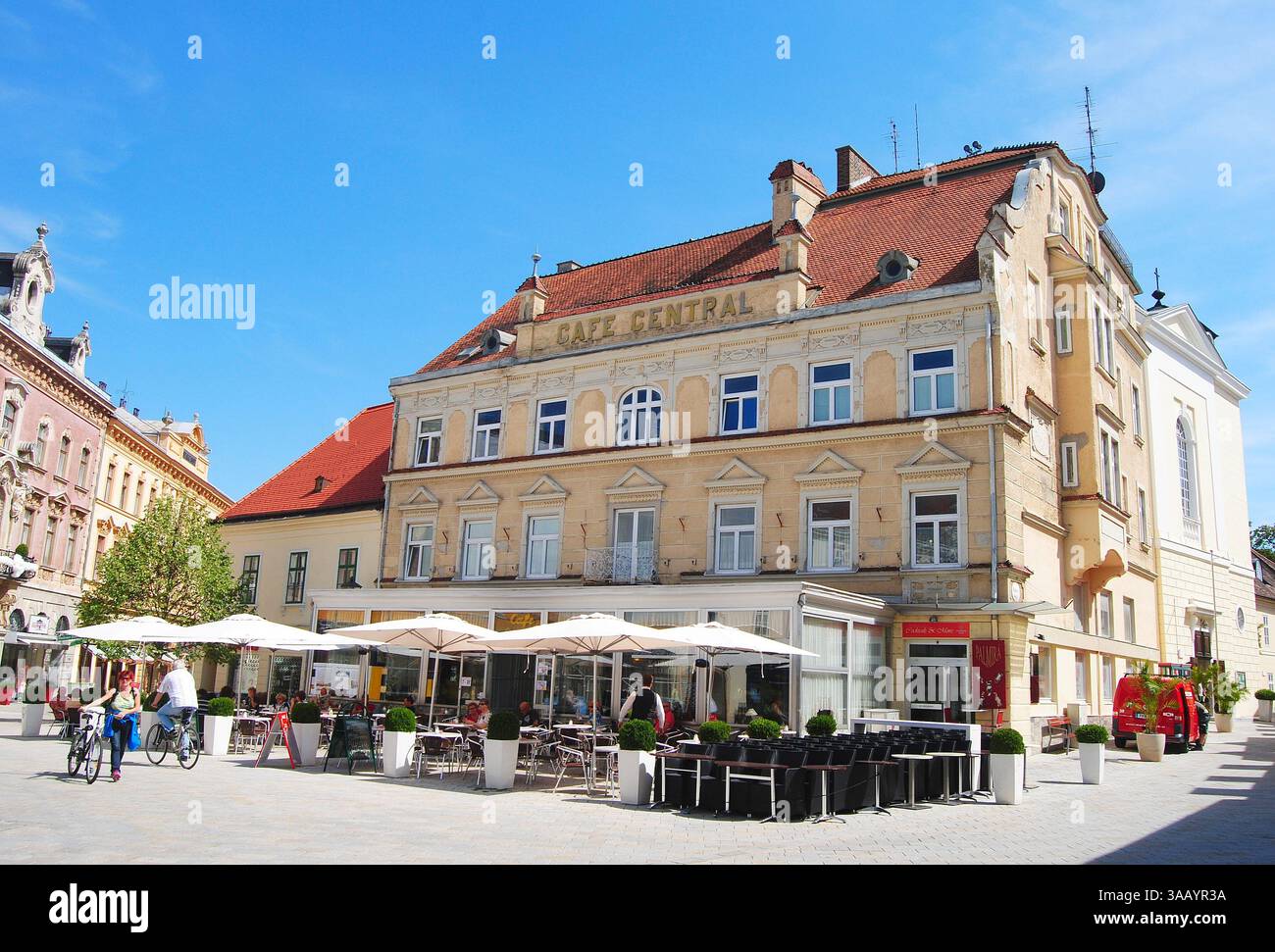 Baden bei Wien, Austria – July 3, 2013. Historic building at Hauptplatz in Baden bei Wien, with famous Cafe Central on the ground floor. Cafe Central Stock Photo
