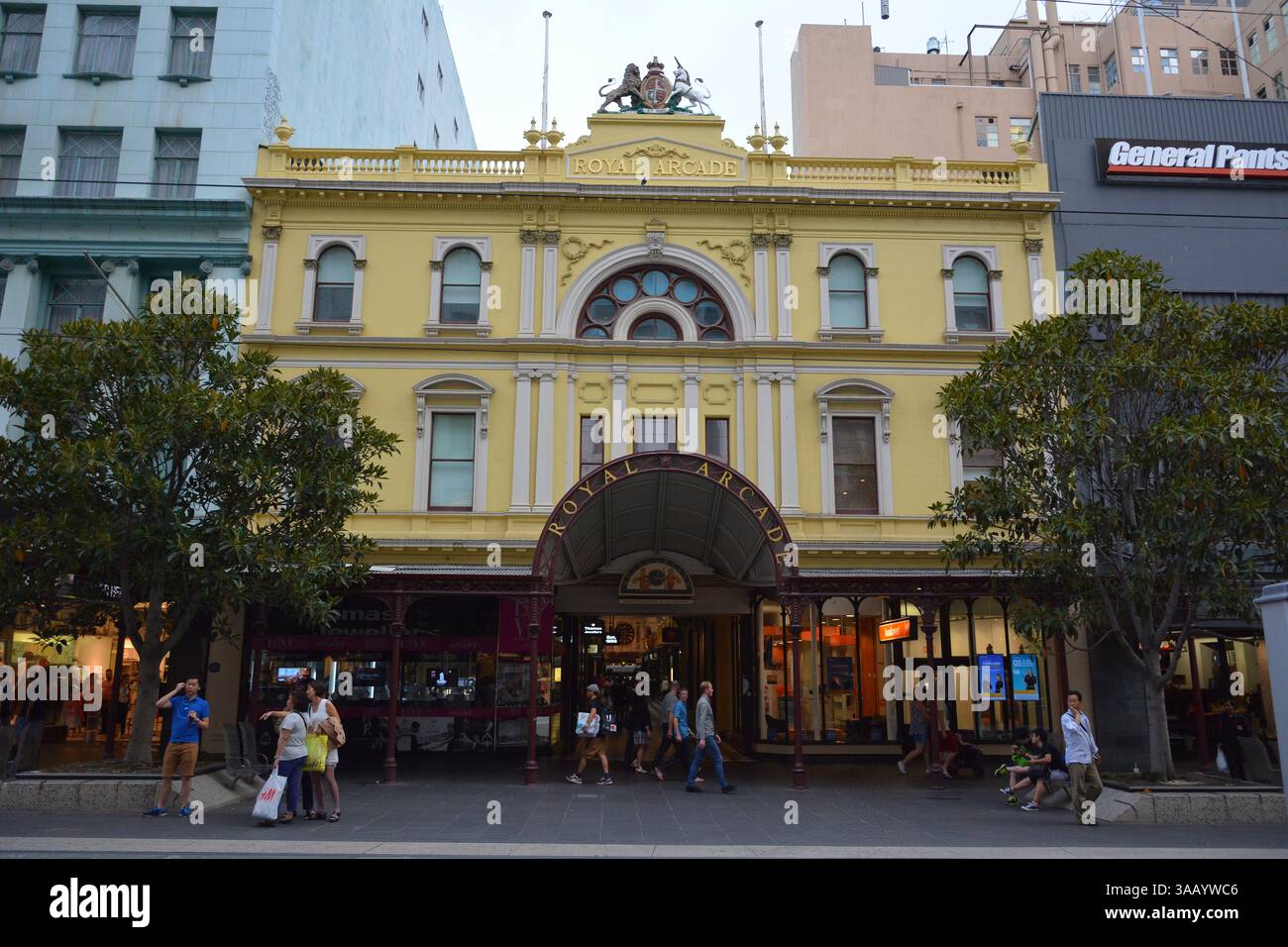 Melbourne, Australia – February 27, 2015. Parisian-style Royal Arcade in Melbourne, VIC. The arcade was built between 1869 and 1870. View with people Stock Photo