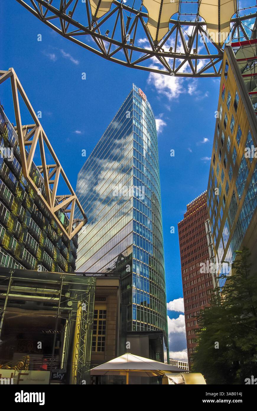 Berlin, Germany – June 23, 2011. Modern commercial buildings on Potsdamer Platz in Berlin. The view incorporates Bahn Tower in the centre and Sony Cen Stock Photo
