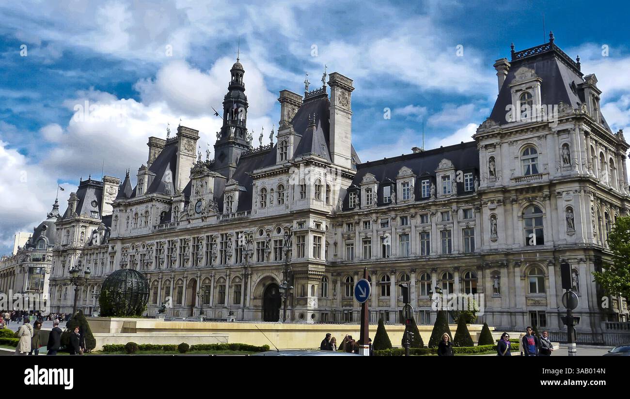 Paris, France – April 21, 2012. Hotel de Ville building in Paris. The building was guttered during the Paris Commune of 1871, and rebuilt in neo-Renai Stock Photo