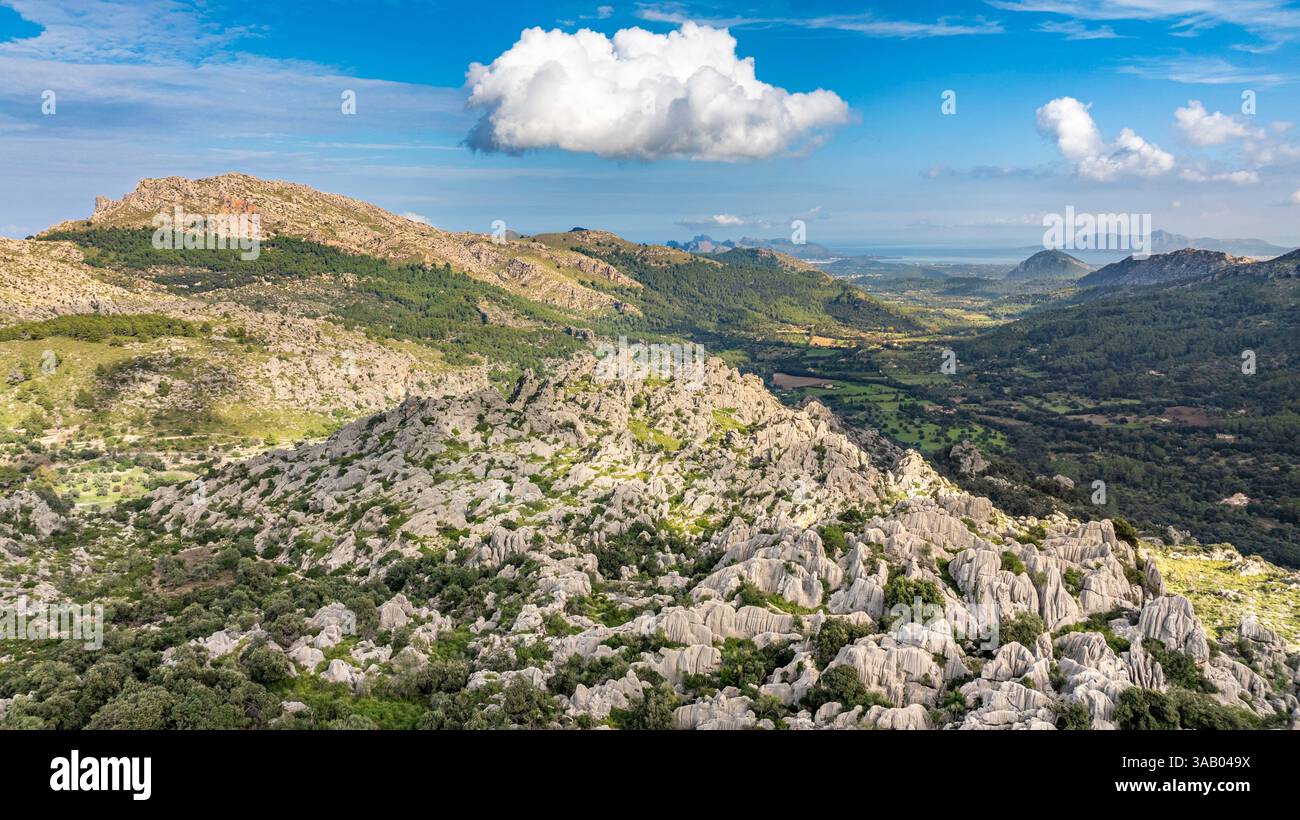 Spain, Balearic Islands, Mallorca, Escorca, Serra de Tramuntana UNESCO World Heritage Site, on the GR221 between Lluc and Pollença, aerial view Stock Photo