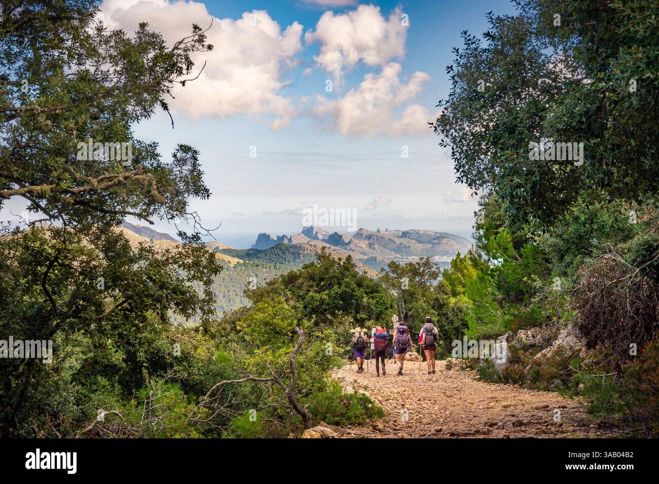 Spain, Balearic Islands, Mallorca, Escorca, Serra de Tramuntana UNESCO World Heritage Site, hikers on the GR221 between Lluc and Pollença Stock Photo