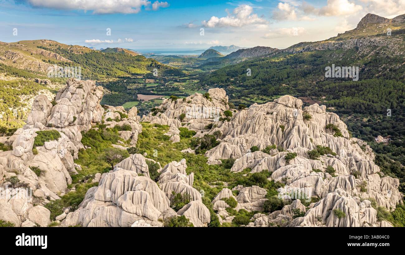 Spain, Balearic Islands, Mallorca, Escorca, Serra de Tramuntana UNESCO World Heritage Site, on the GR221 between Lluc and Pollença, aerial view Stock Photo