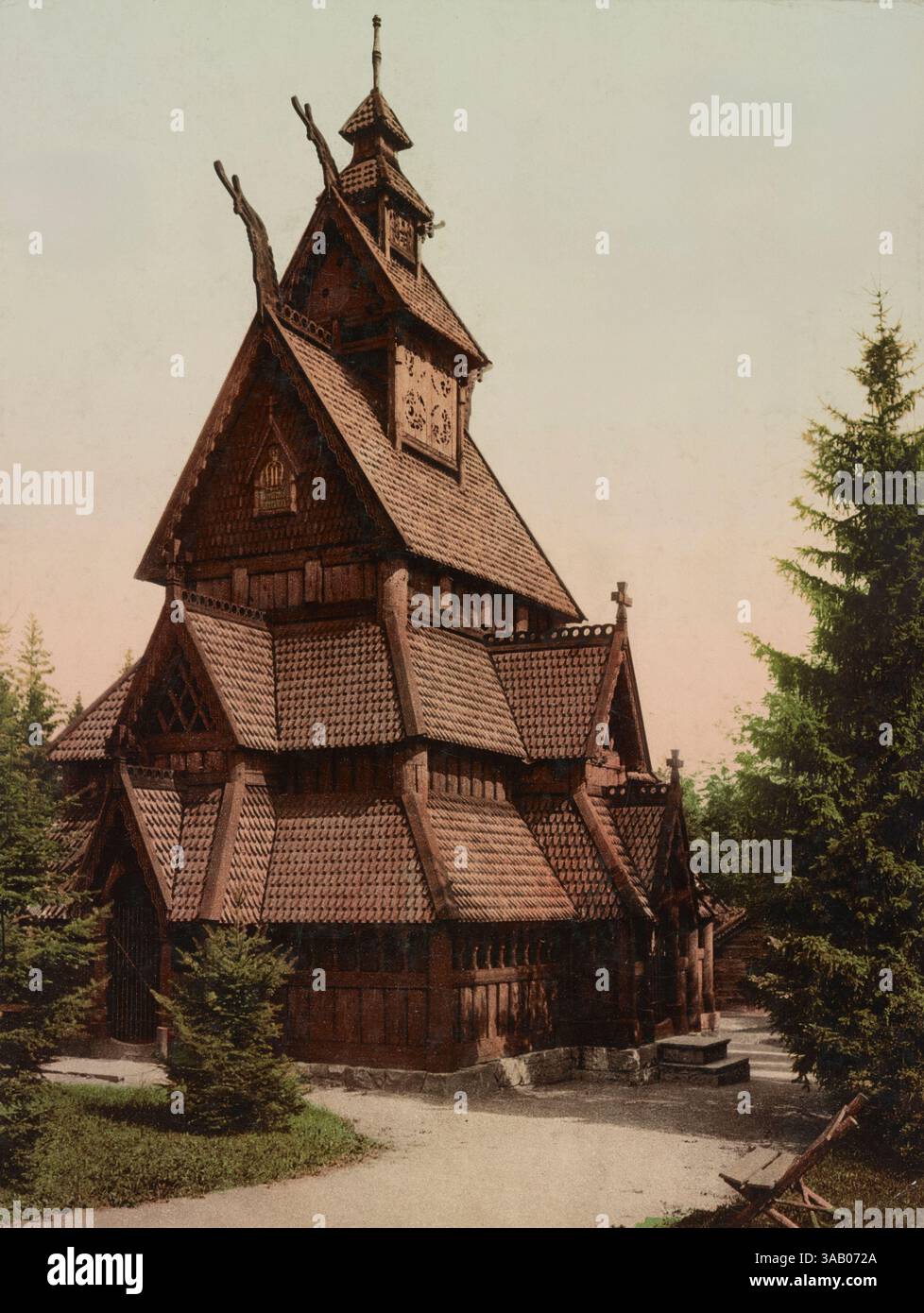 Vintage photochrom print of Gol Stave Church in Christiania, Norway. Stock Photo