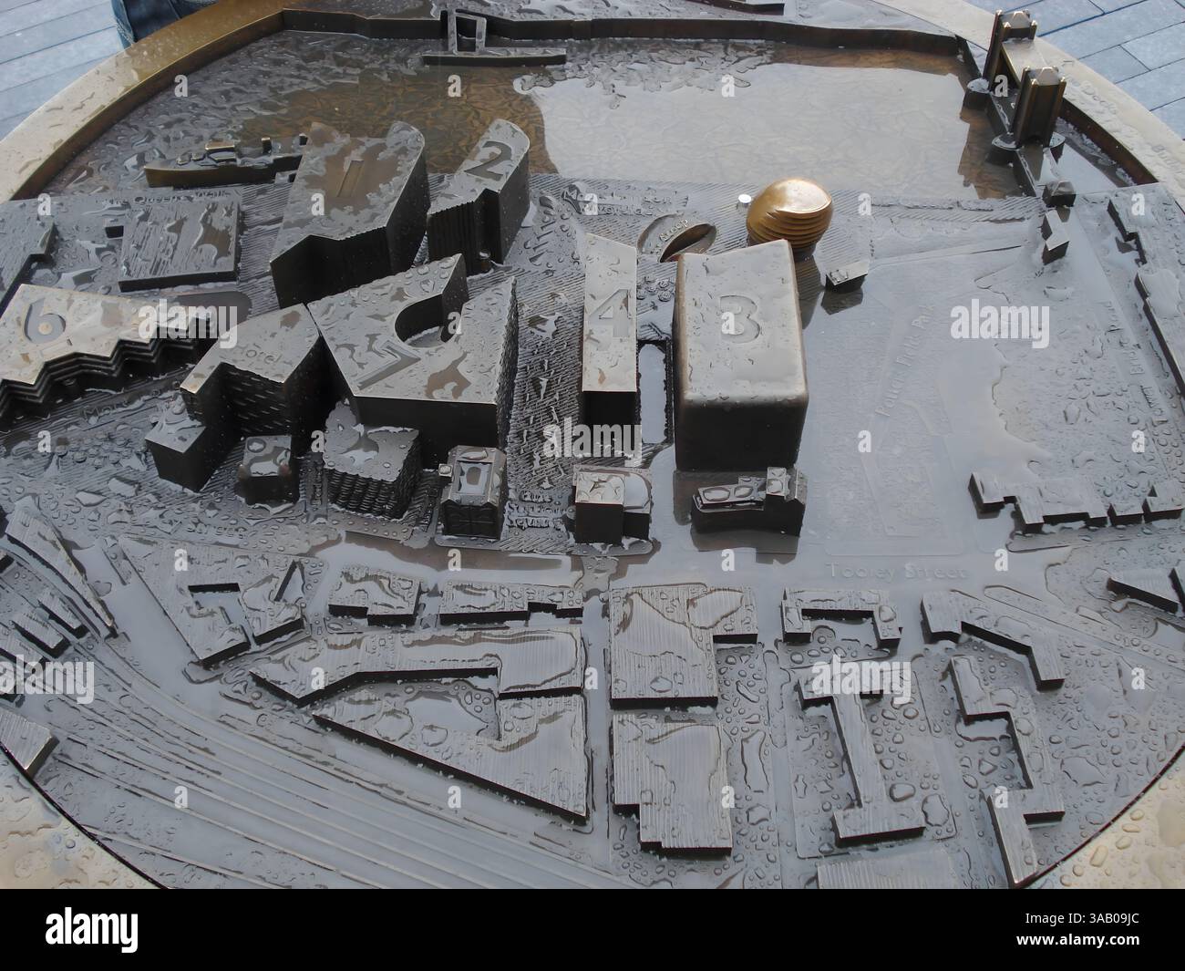 Raised Structures Sign A bronze tactile map of a cityscape, featuring various buildings and ...