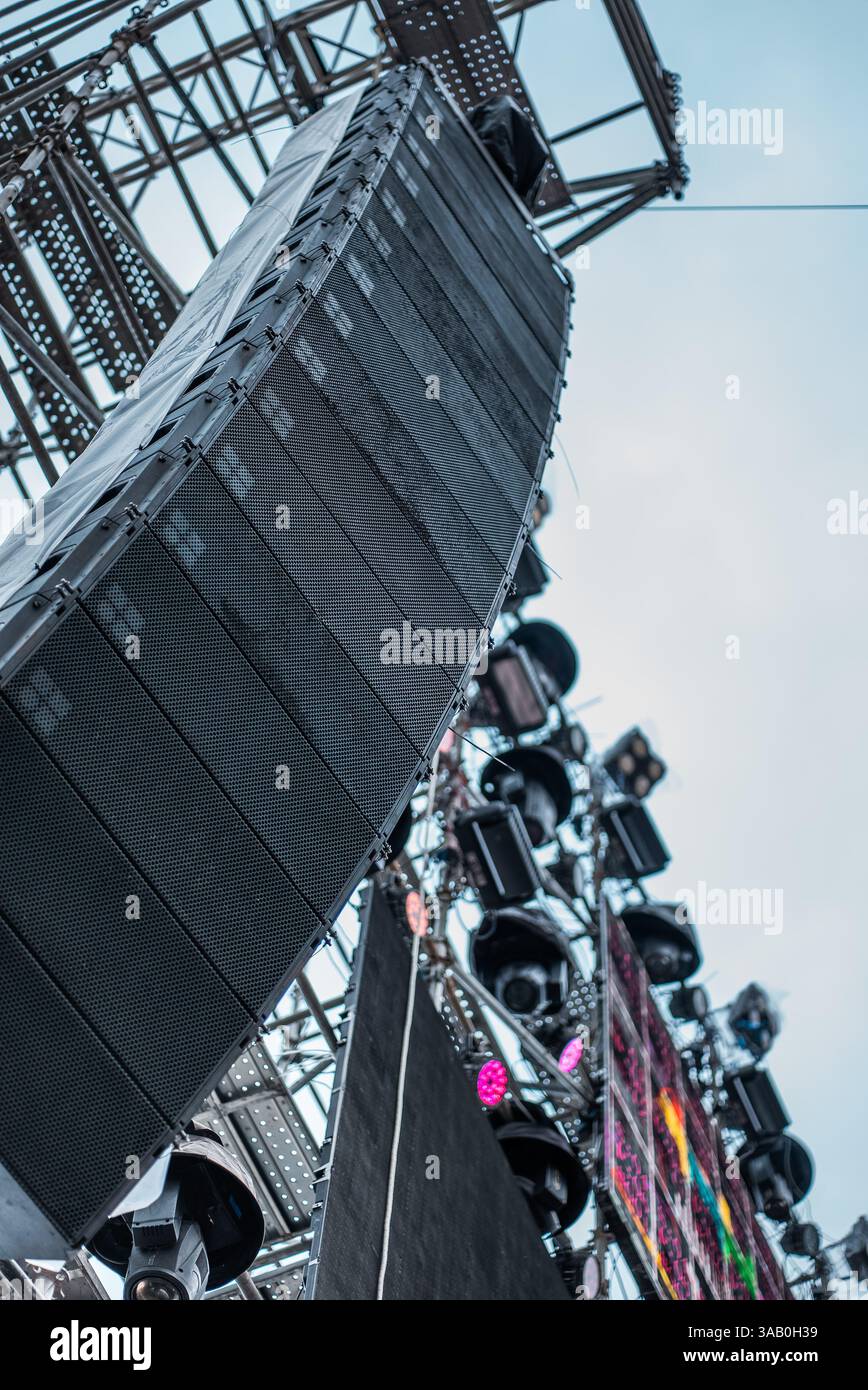 Open-Air Music Event Sound and Illumination Framework, Big Professional Concert Audio Speaker Stock Photo