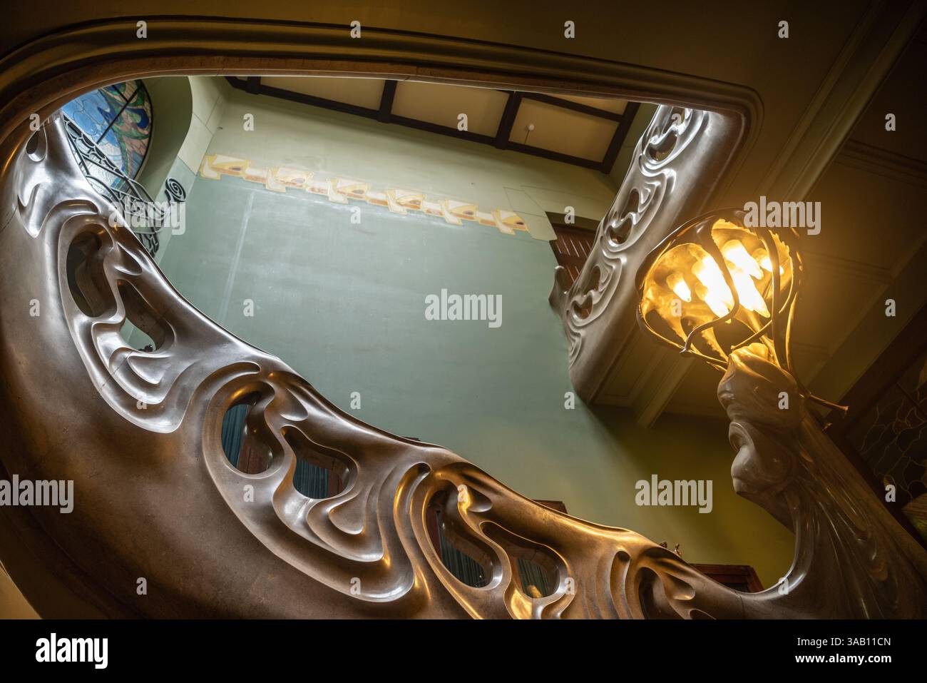 Moscow, Russia – June 29, 2018. Grand staircase and medusa lamp of the Ryabushinsky Mansion, also known as the Gorky House-Museum, in Moscow. The fasc Stock Photo