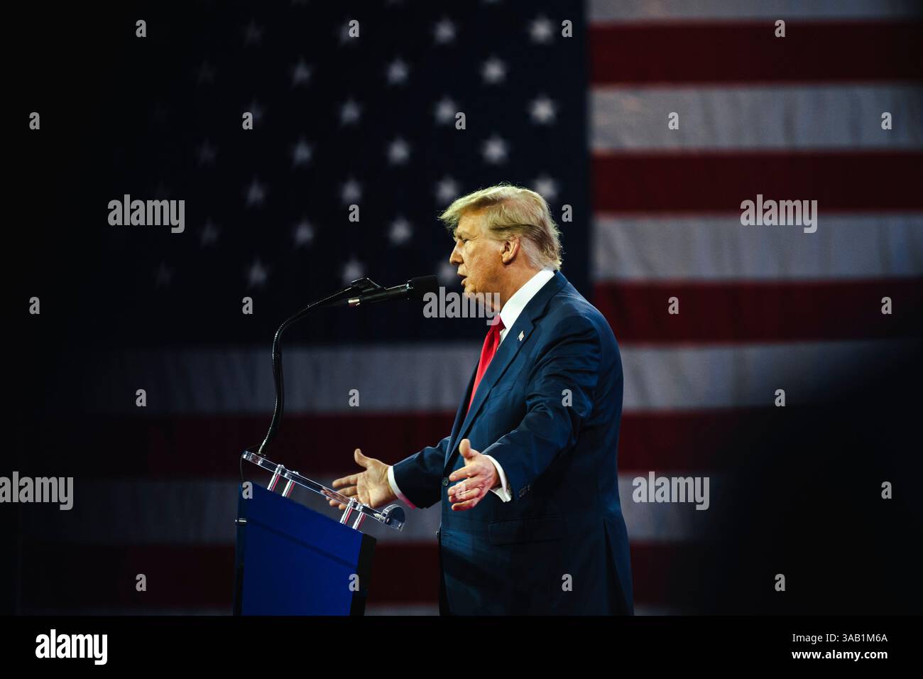 NATIONAL HARBOR, MD, USA- February 24, 2024: Donald Trump speaks at ...