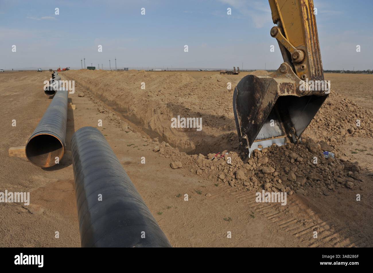 Excavator digs a trench for the construction of a gas pipeline Stock ...