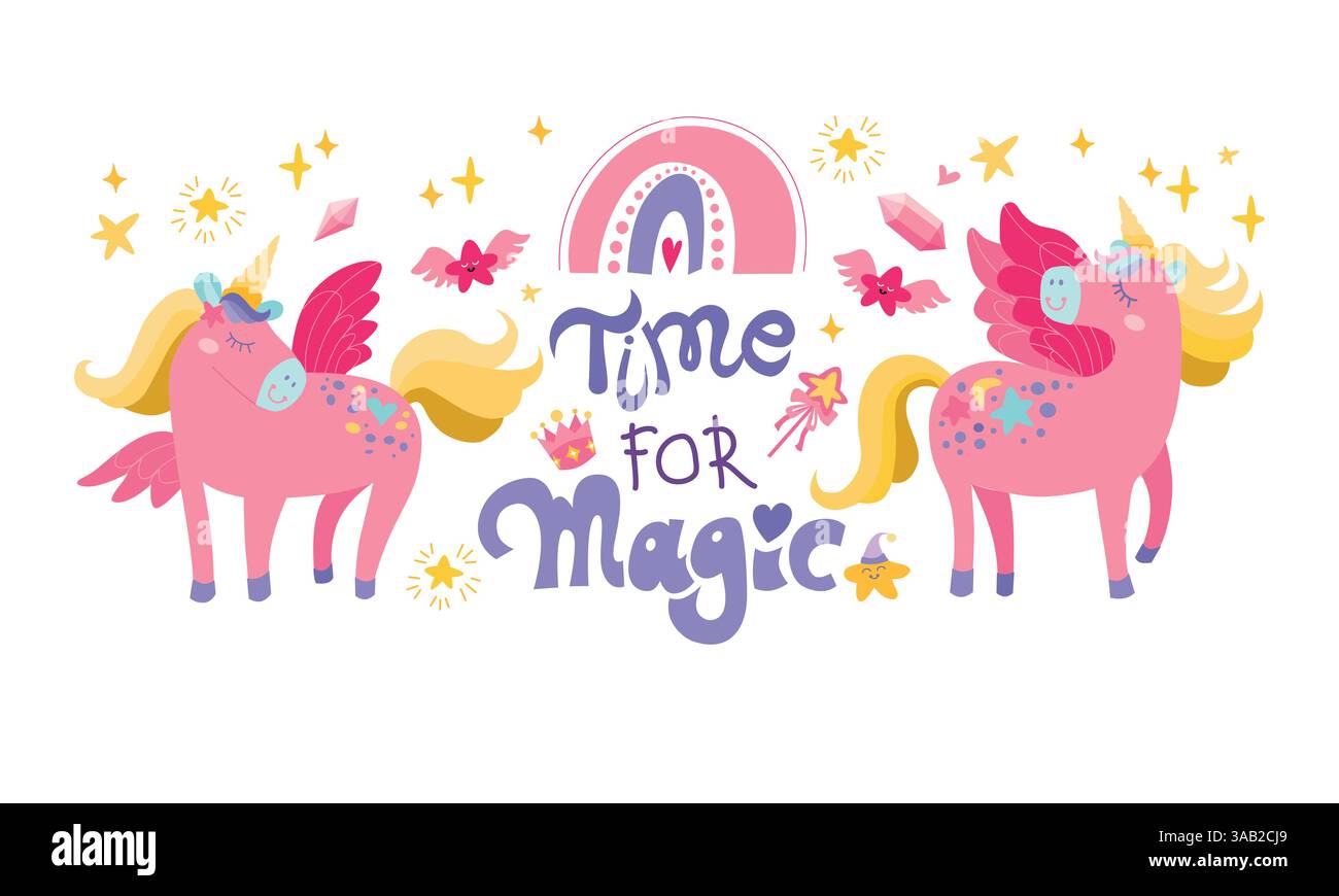 Cute card with magic unicorns, rainbow, stars. Vector girlish ...