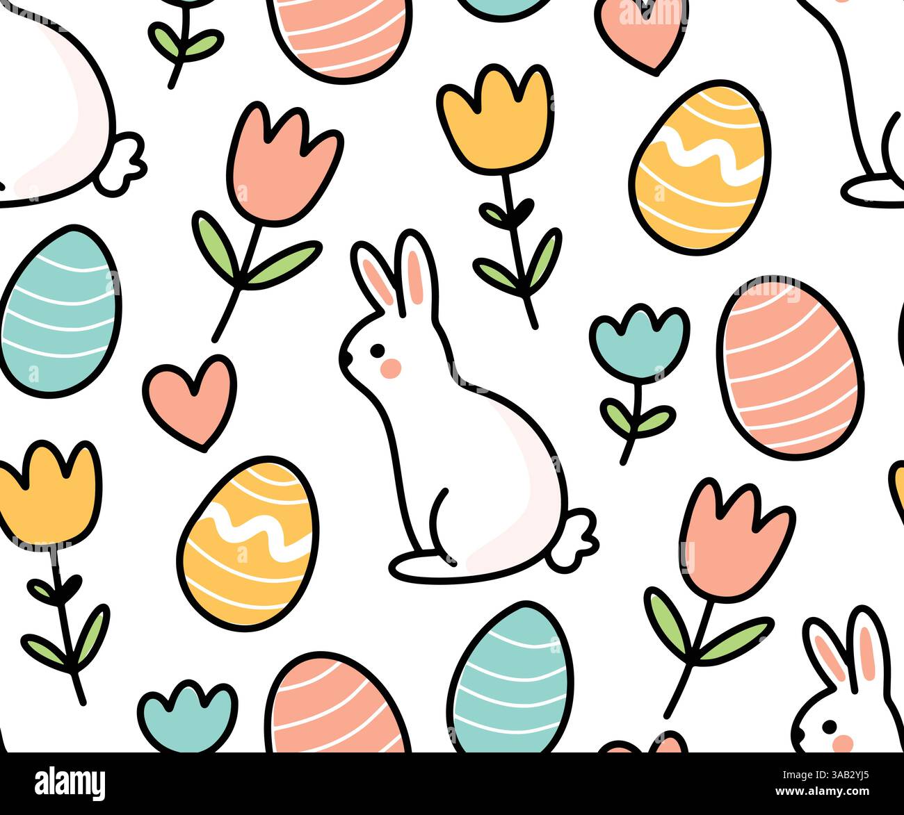 Easter cute seamless pattern background with colored eggs, flowers ...