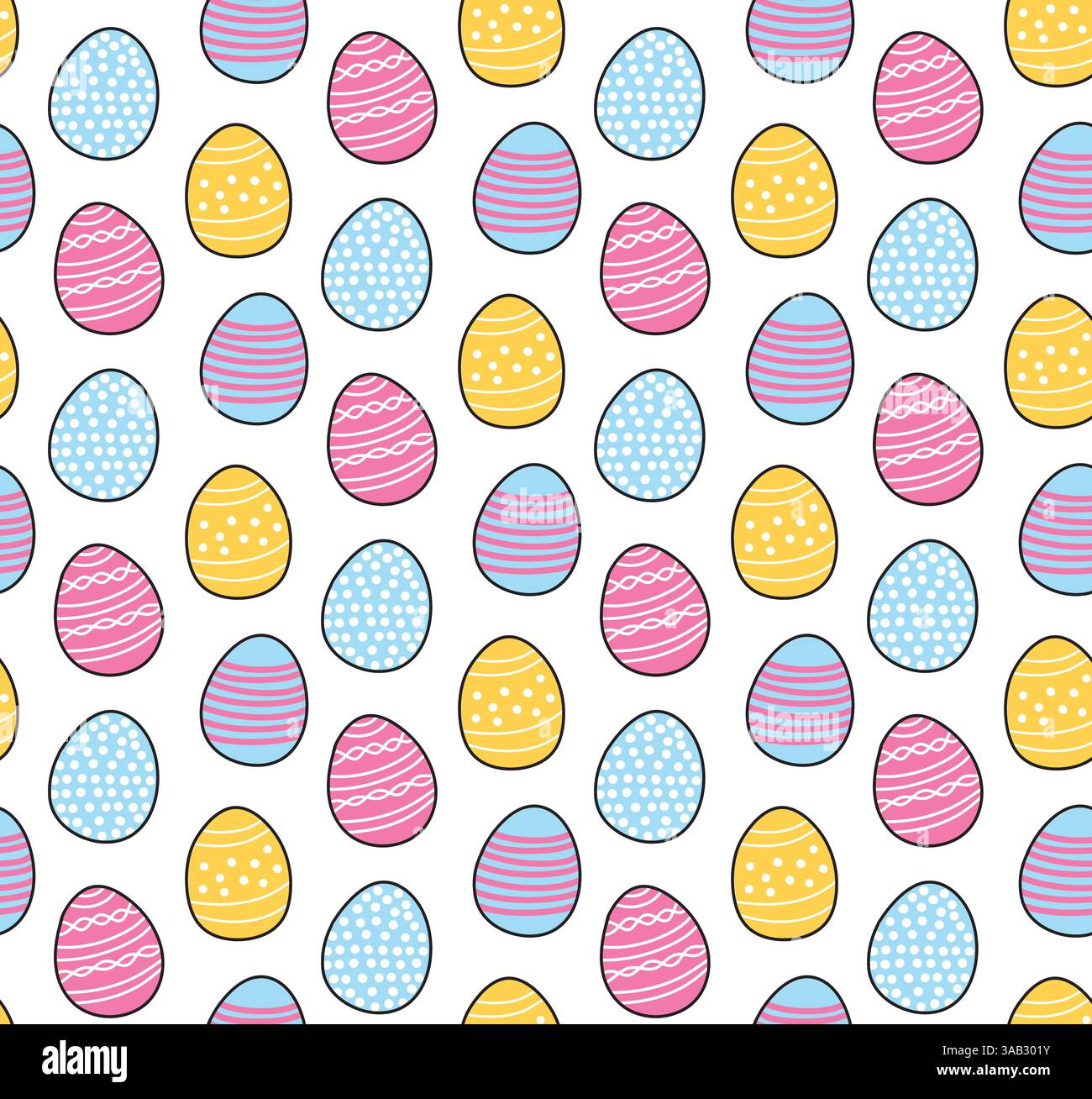 Cute Easter Seamless Pattern Background with Bright Colorful Ornate Colored Eggs Doodles with Black Outline Stock Vector