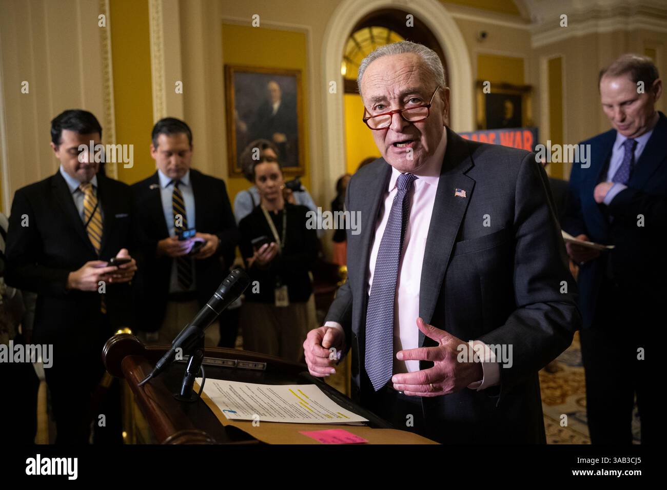 Senate Minority Leader Chuck Schumer (D-N.Y.) speaks during a press ...