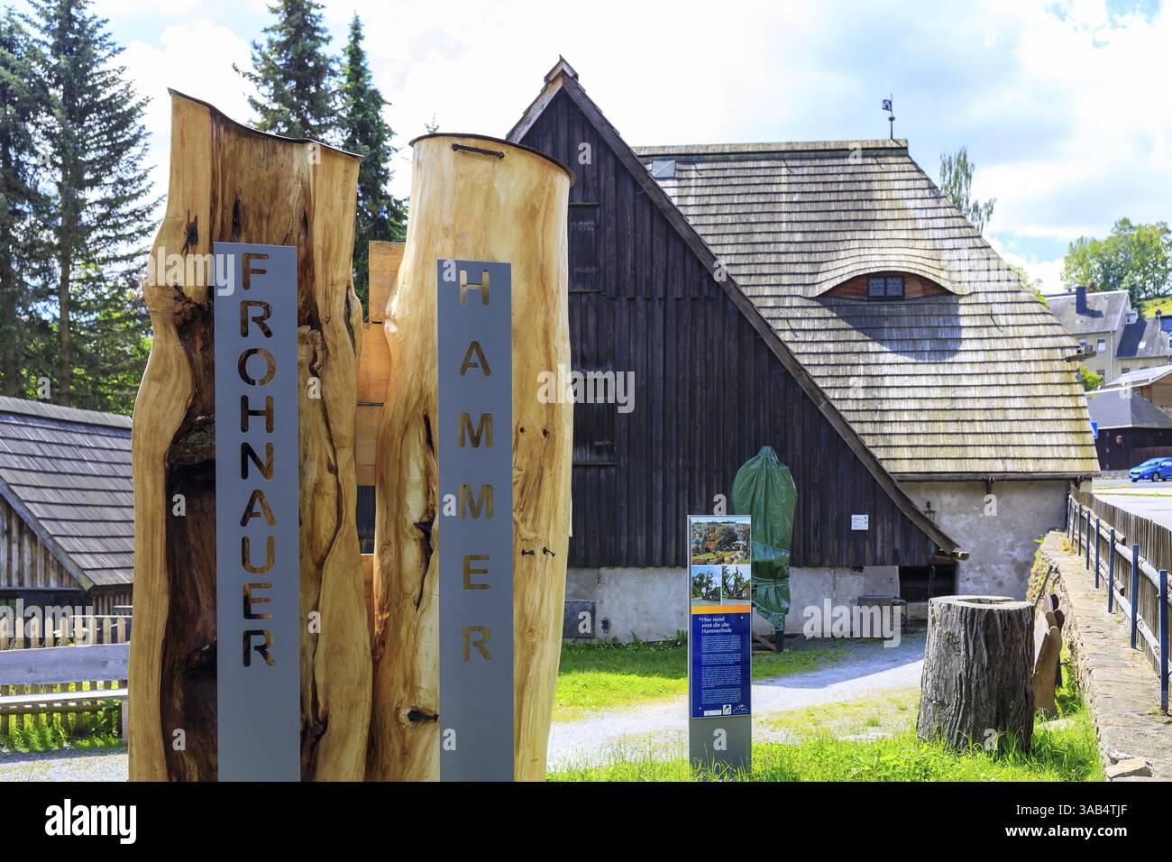 Technical Museum Frohnauer Hammer, lettering on the old hammer lime tree, Annaberg-Buchholz, Erzgebirge, Saxony, Germany, Europe Stock Photo