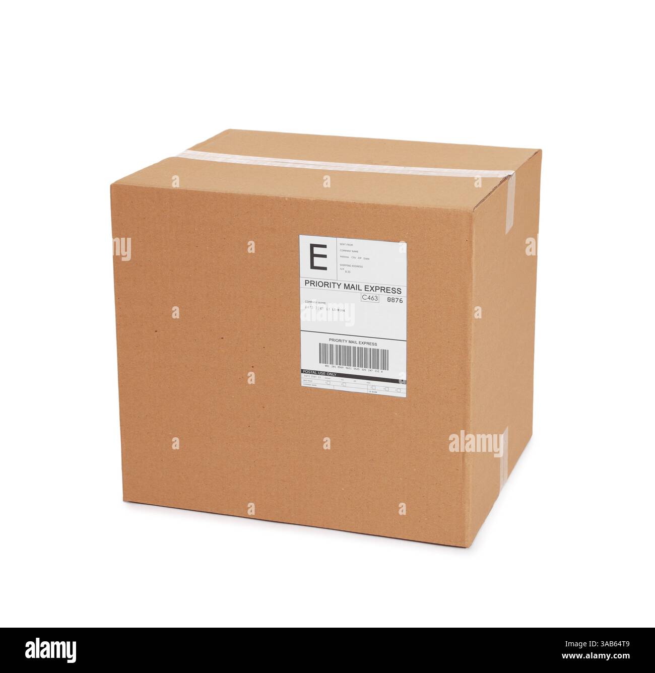 One parcel with shipment label isolated on white Stock Photo - Alamy