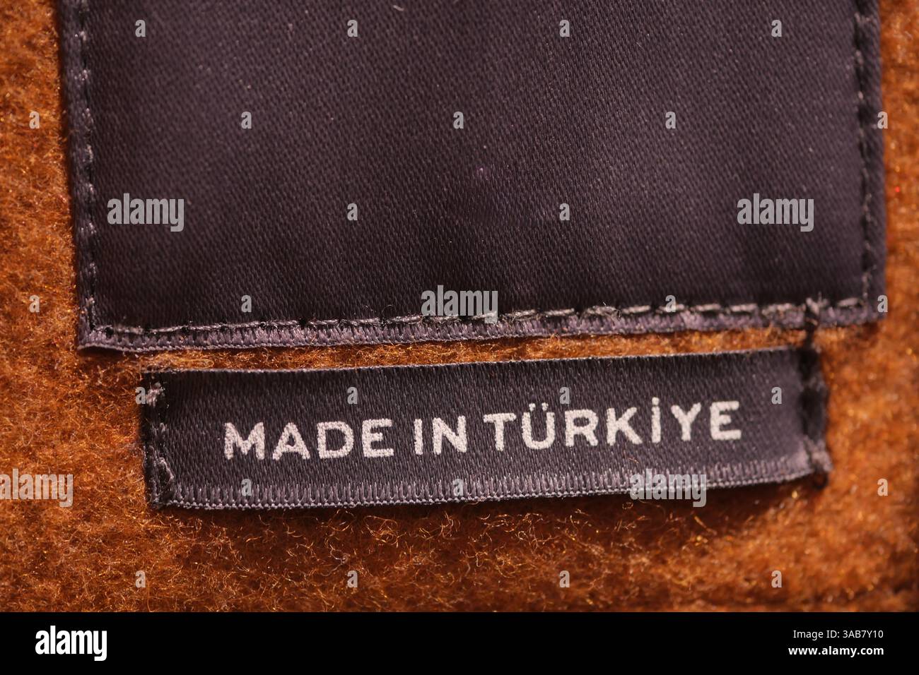 Fabric label showing made in Turkiye with stitched detailing Stock ...