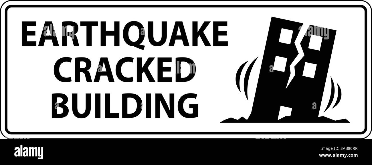 Earthquake warning sign in front of a damaged building with visible ...