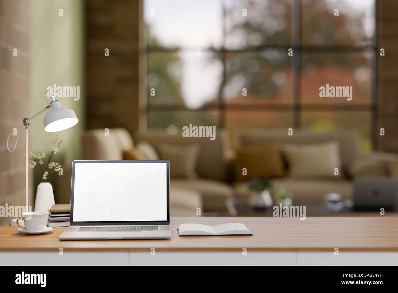The white screen laptop on wooden table in the earth tone living room ...