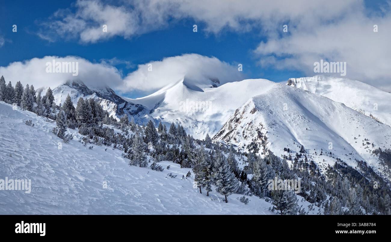 Majestic Pirin mountains peaks covered with snow. Winter panorama at Bansko ski resort in Bulgaria - Smartphone Captured Stock Image