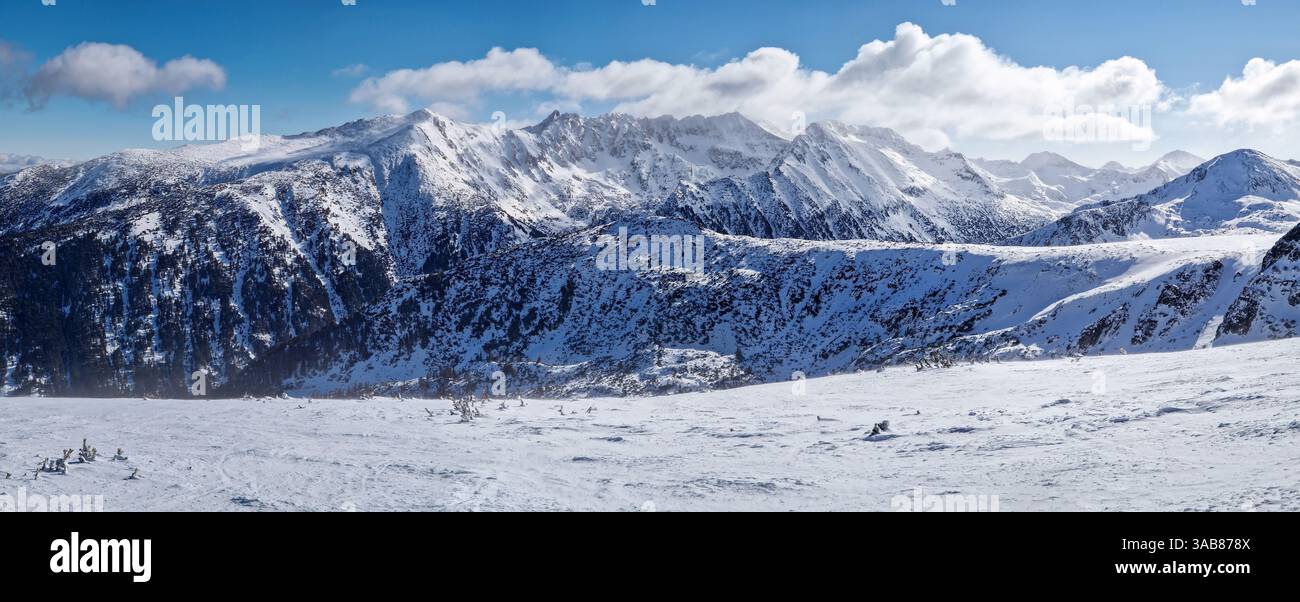 Beautiful panorama of balkan mountains ridge. Rocky peaks covered with snow in Bulgaria - Smartphone Captured Stock Image