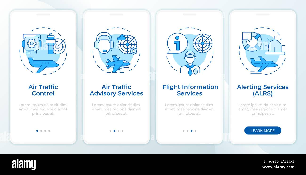 Flight services blue onboarding mobile app screen Stock Vector