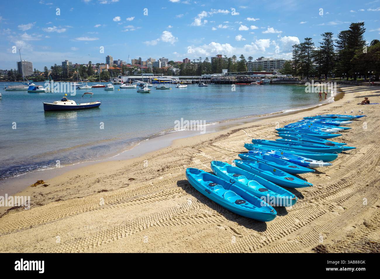 Colourful canoe boats lined up on East Manly Cove Beach near Manly Wharf in Sydney, Australia Stock Photo