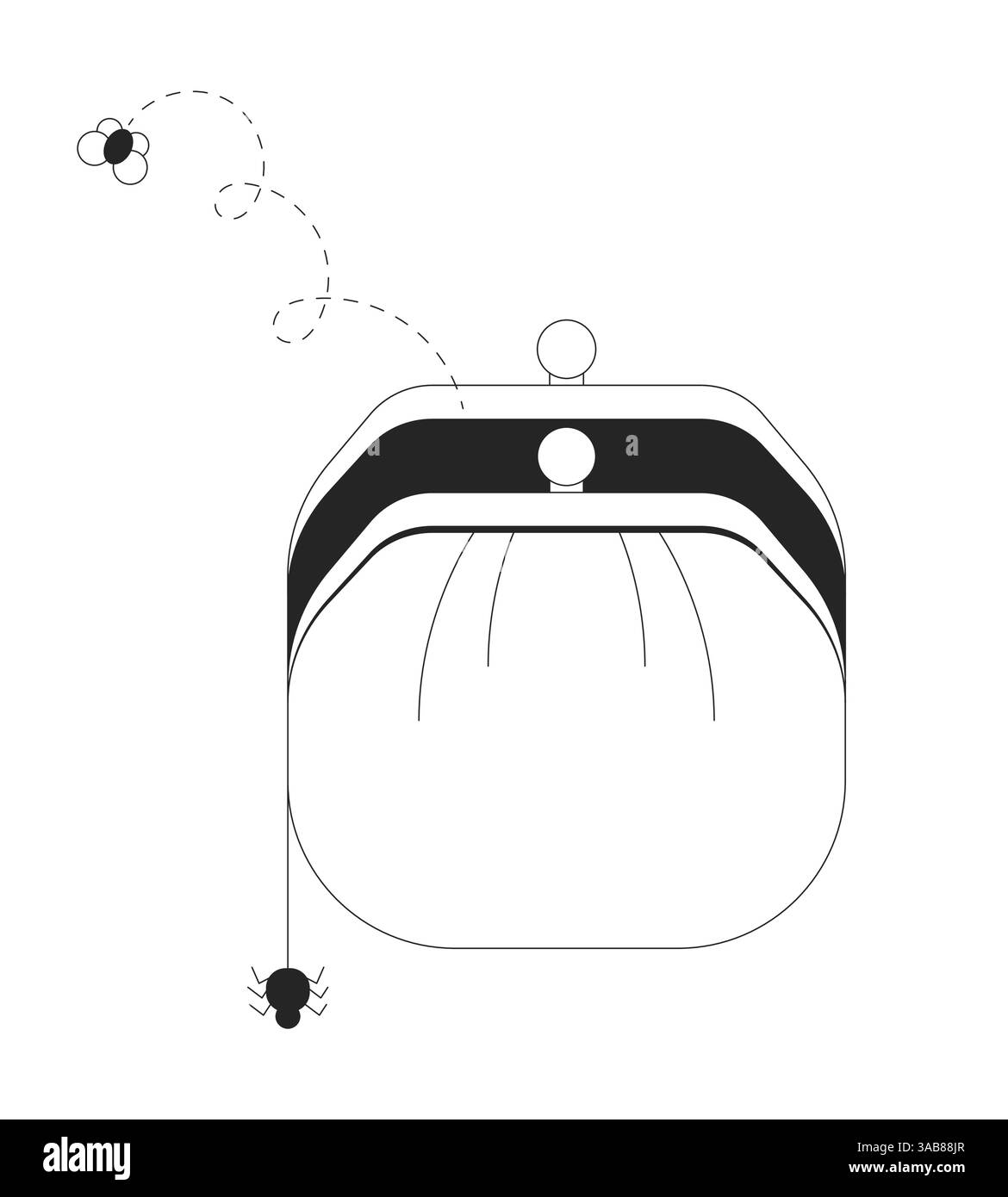 Empty coin purse with dangling spider and bug flying away 2D line object Stock Vector