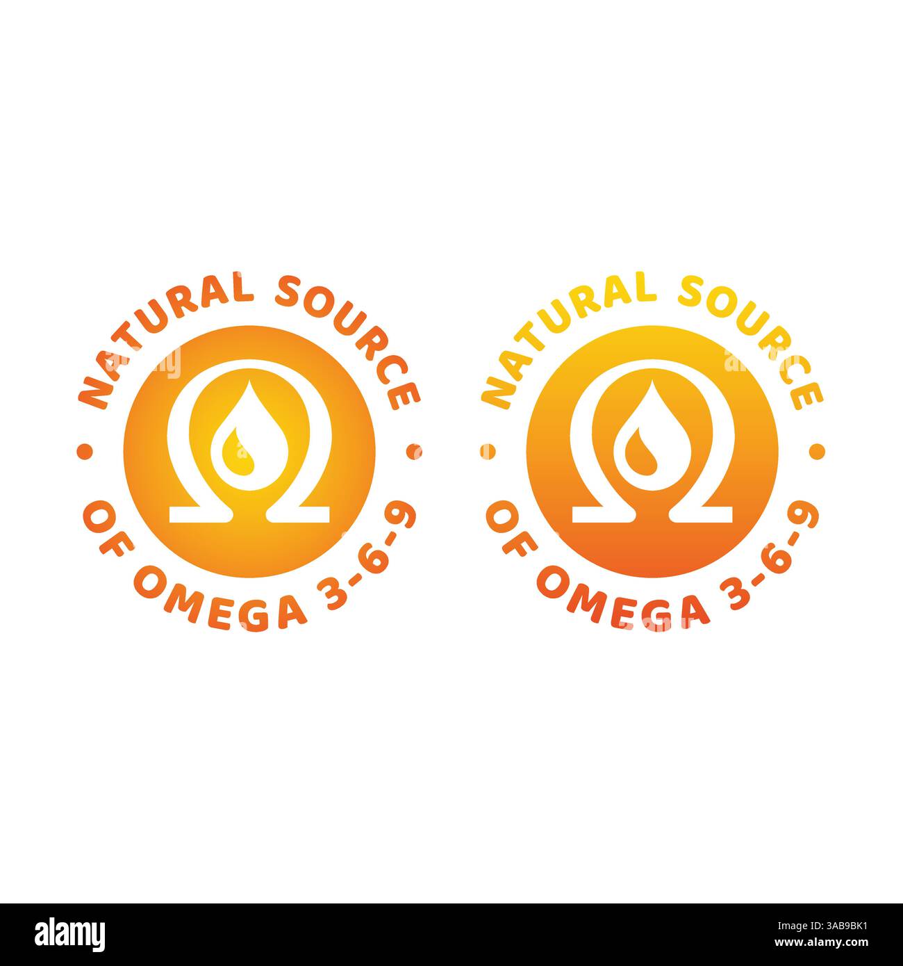 Natural source of Omega 3 6 9. Food rich in Omega fats icon label. Stock Vector