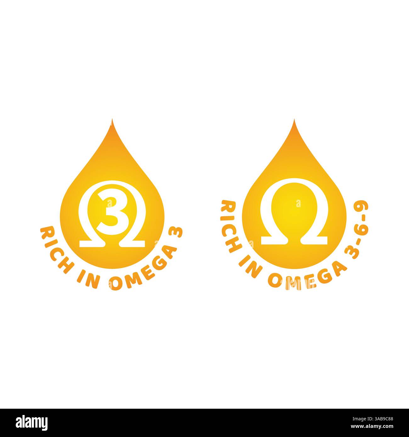 Rich in omega 3 6 9 vector label. Omega 3 source colorful icon with drop. Stock Vector
