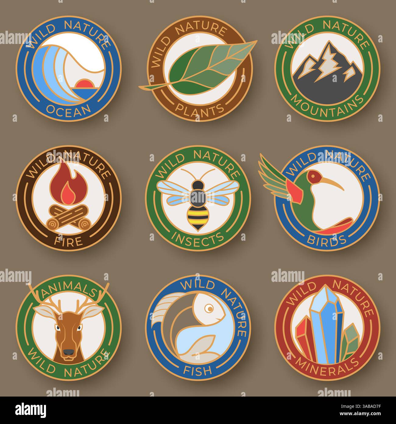 Set of nine vector stylish line insignias. Logo collection color line style consisting of wild nature. Linear design elements with animal, birds and l Stock Vector