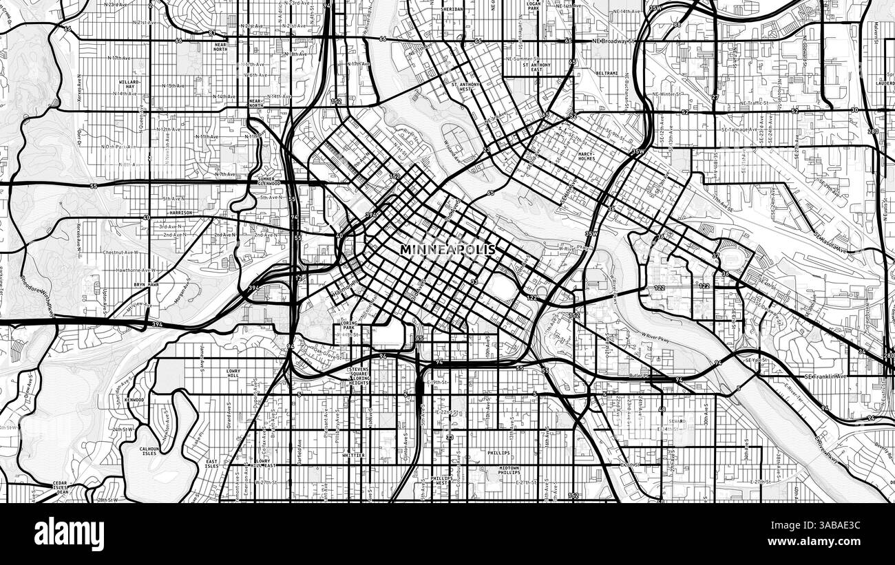 Minimalist Minneapolis Street Map with Labels and Neighborhoods with many details for urban roads, paths and disctricts. Stock Photo