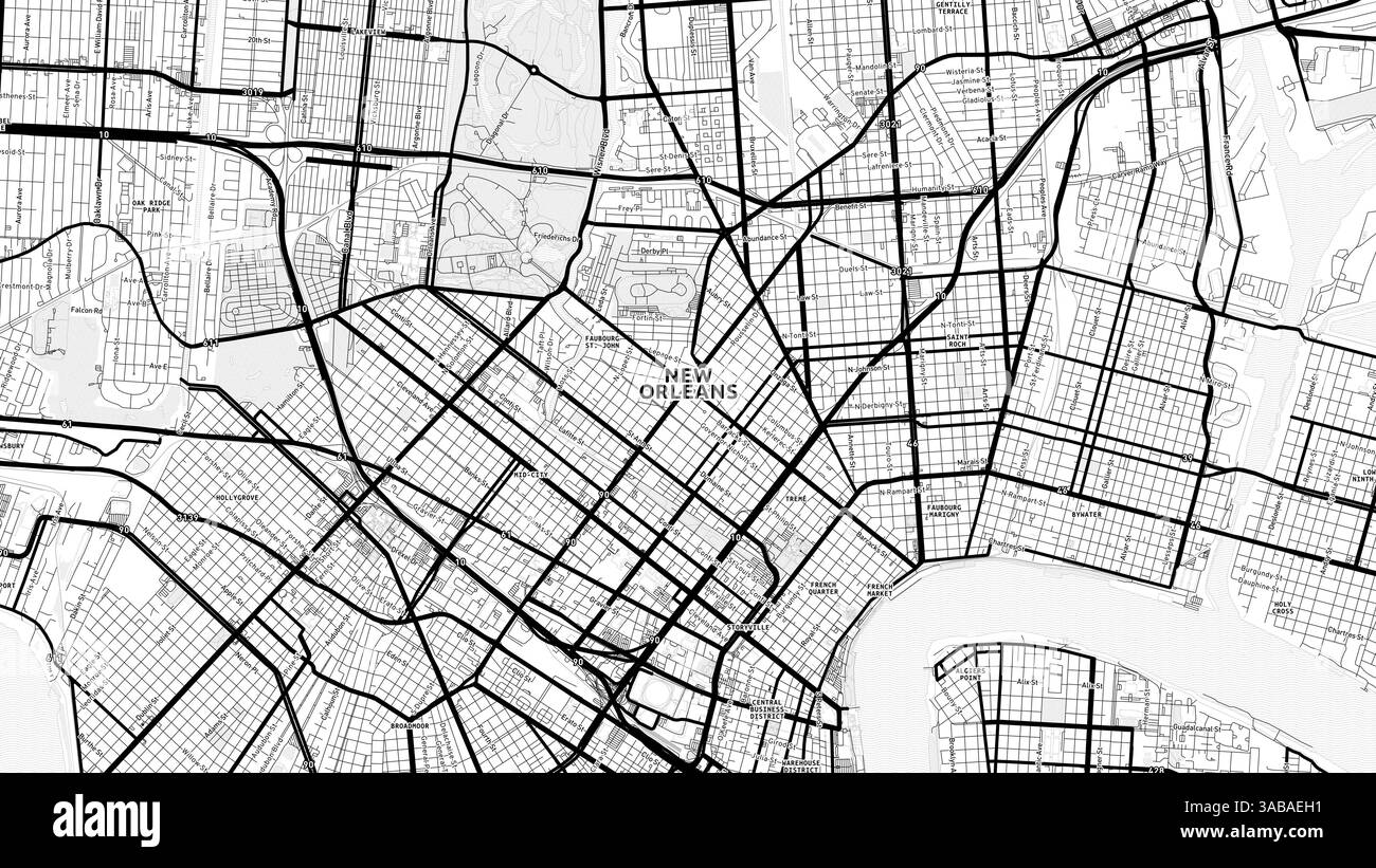 Minimalist New Orleans Street Map with Labels and Neighborhoods with many details for urban roads, paths and disctricts. Stock Photo