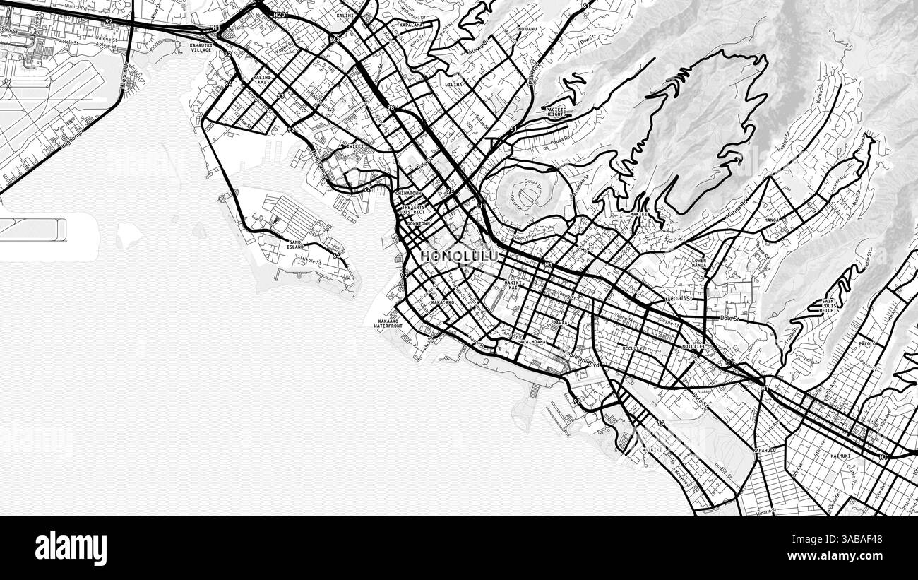 Minimalist Honolulu Street Map with Labels and Neighborhoods with many details for urban roads, paths and disctricts. Stock Photo