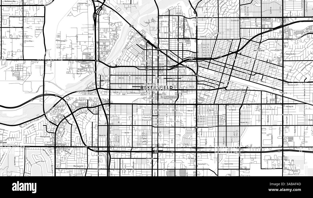 Minimalist Bakersfield Street Map with Labels and Neighborhoods with many details for urban roads, paths and disctricts. Stock Photo