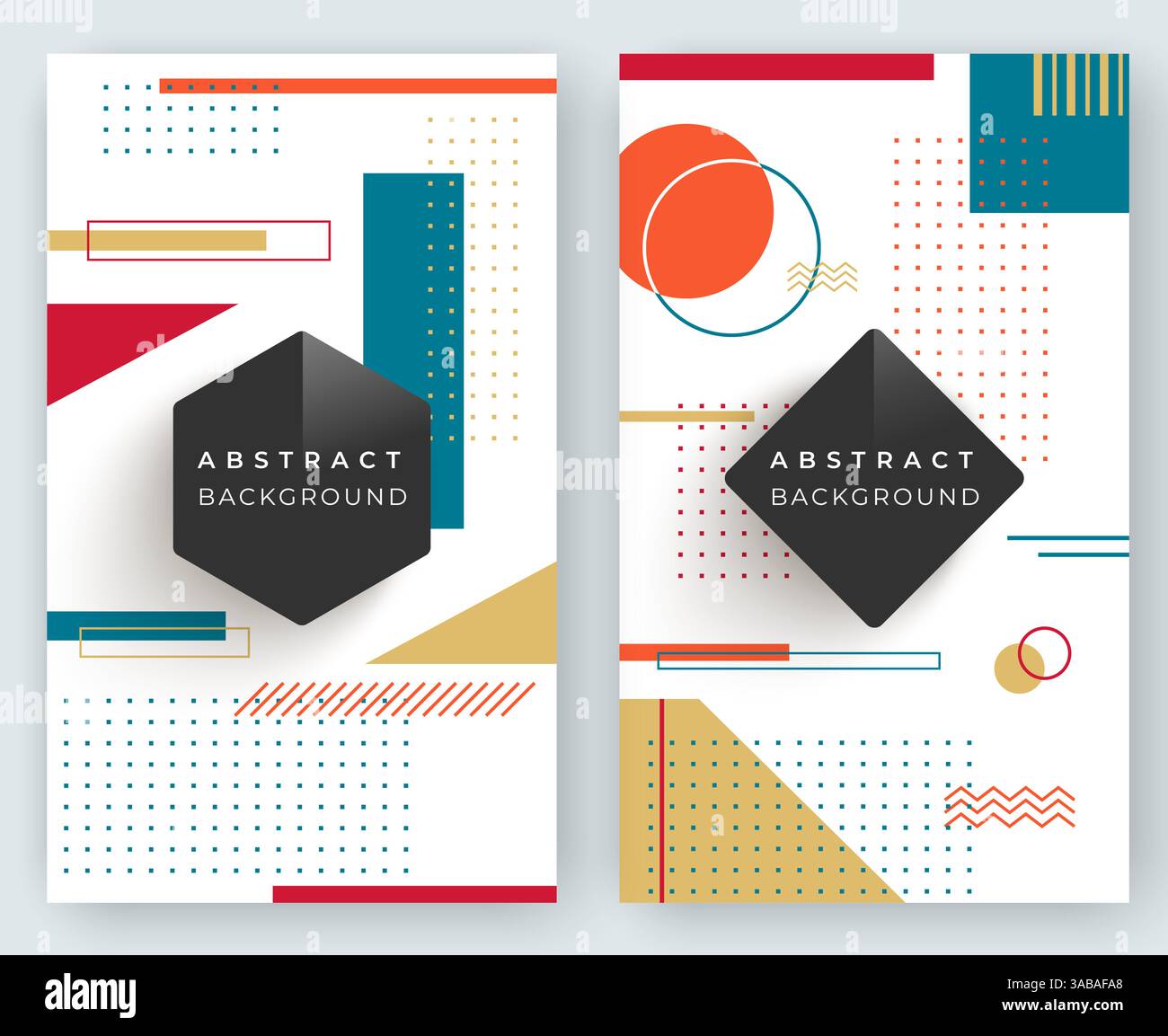 Two abstract retro vertical vector banners with multicolored simple geometric shapes. Triangles, circles, lines Stock Vector