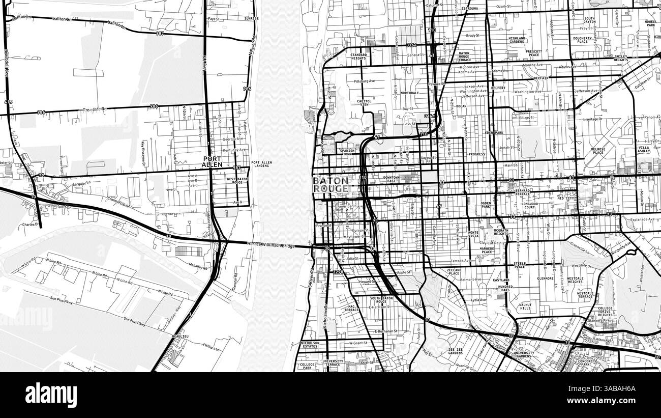 Minimalist Baton Rouge Street Map with Labels and Neighborhoods with many details for urban roads, paths and disctricts. Stock Photo