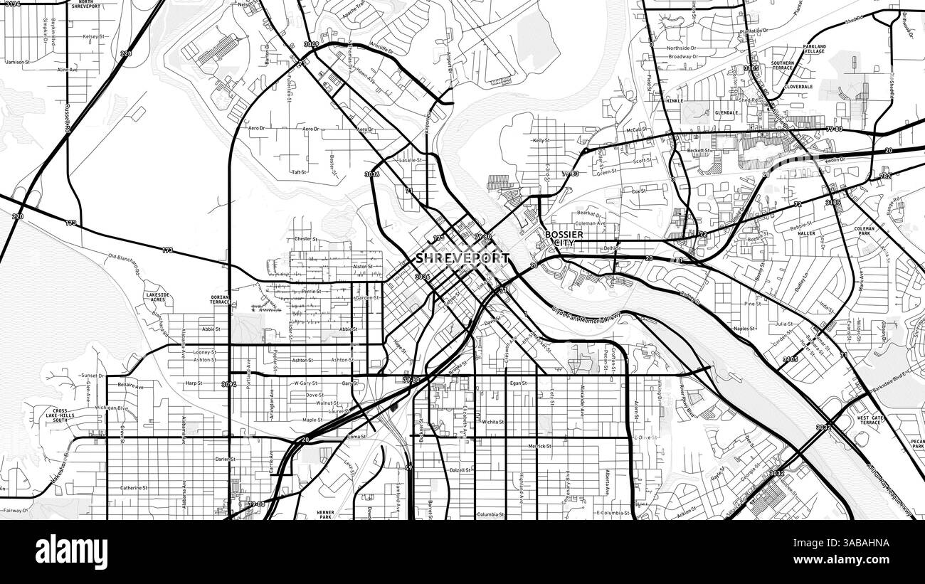 Minimalist Shreveport Street Map with Labels and Neighborhoods with many details for urban roads, paths and disctricts. Stock Photo