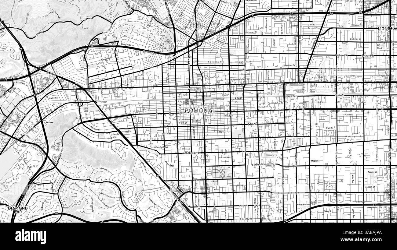 Minimalist Pomona Street Map with Labels and Neighborhoods with many details for urban roads, paths and disctricts. Stock Photo