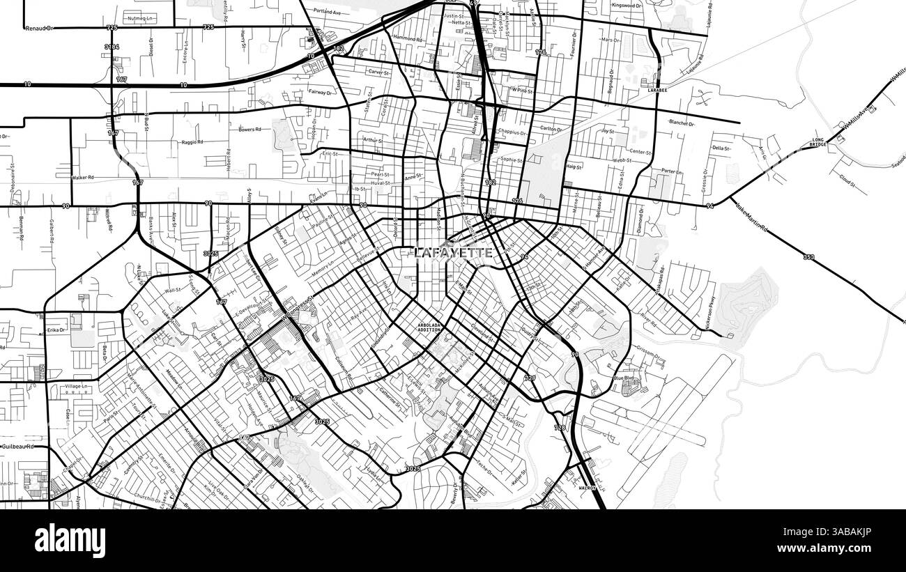 Minimalist Lafayette Street Map with Labels and Neighborhoods with many details for urban roads, paths and disctricts. Stock Photo