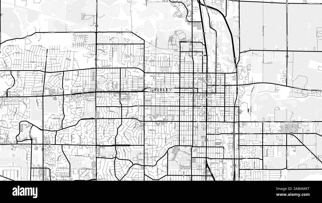 Minimalist Greeley Street Map with Labels and Neighborhoods with many details for urban roads, paths and disctricts. Stock Photo