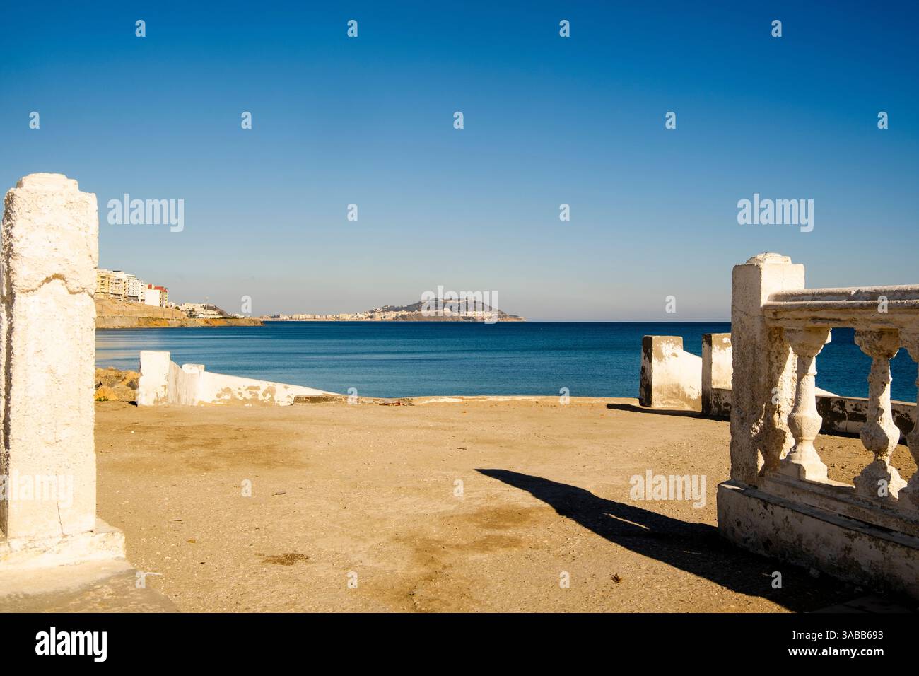 Beautiful view from Moroccan Fnideq to Spanish Ceuta on a sunny day, Morocco, Africa Stock Photo