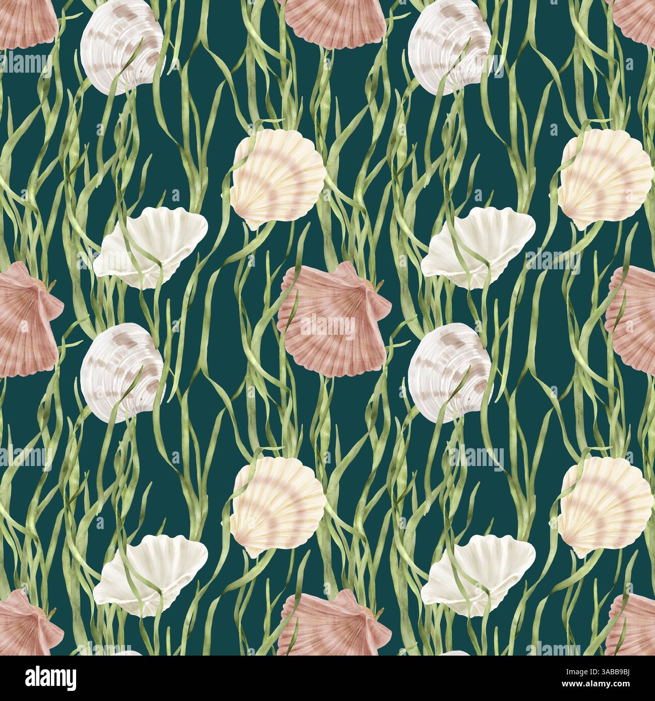 Shell Clum Pattern A round scallop shell in the water column among green algae. Watercolor ...