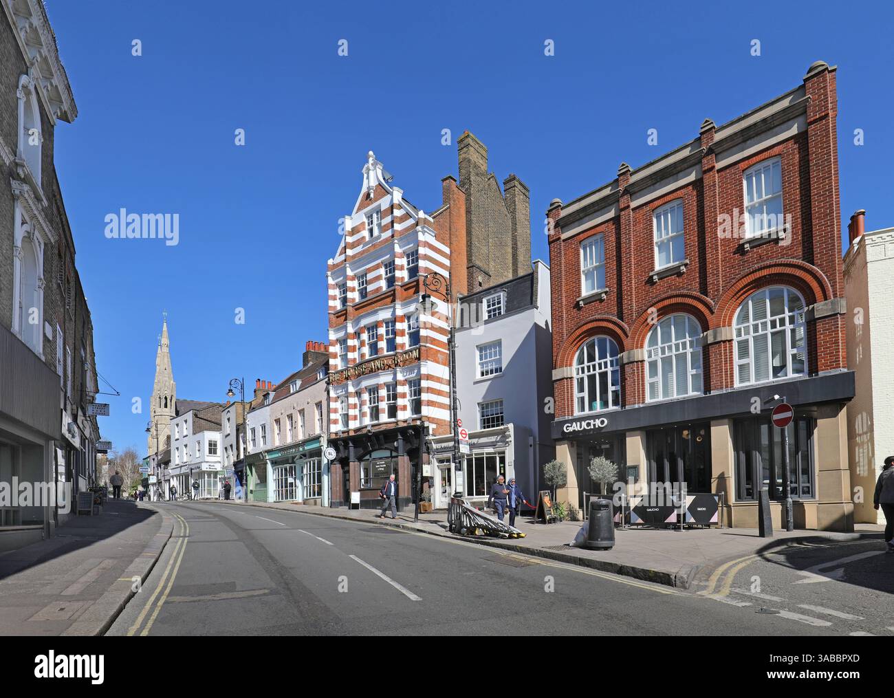 Shops bars and restaurants on Heath Street, Hampstead, London NW3. One of London's most affluent areas. Stock Photo