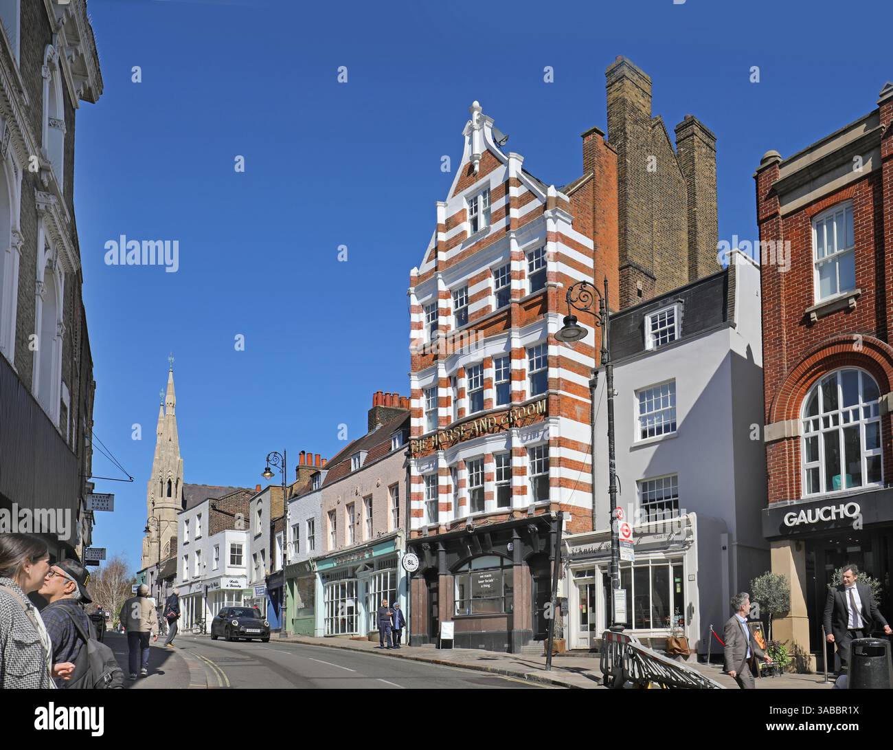 Shops bars and restaurants on Heath Street, Hampstead, London NW3. One of London's most affluent areas. Stock Photo