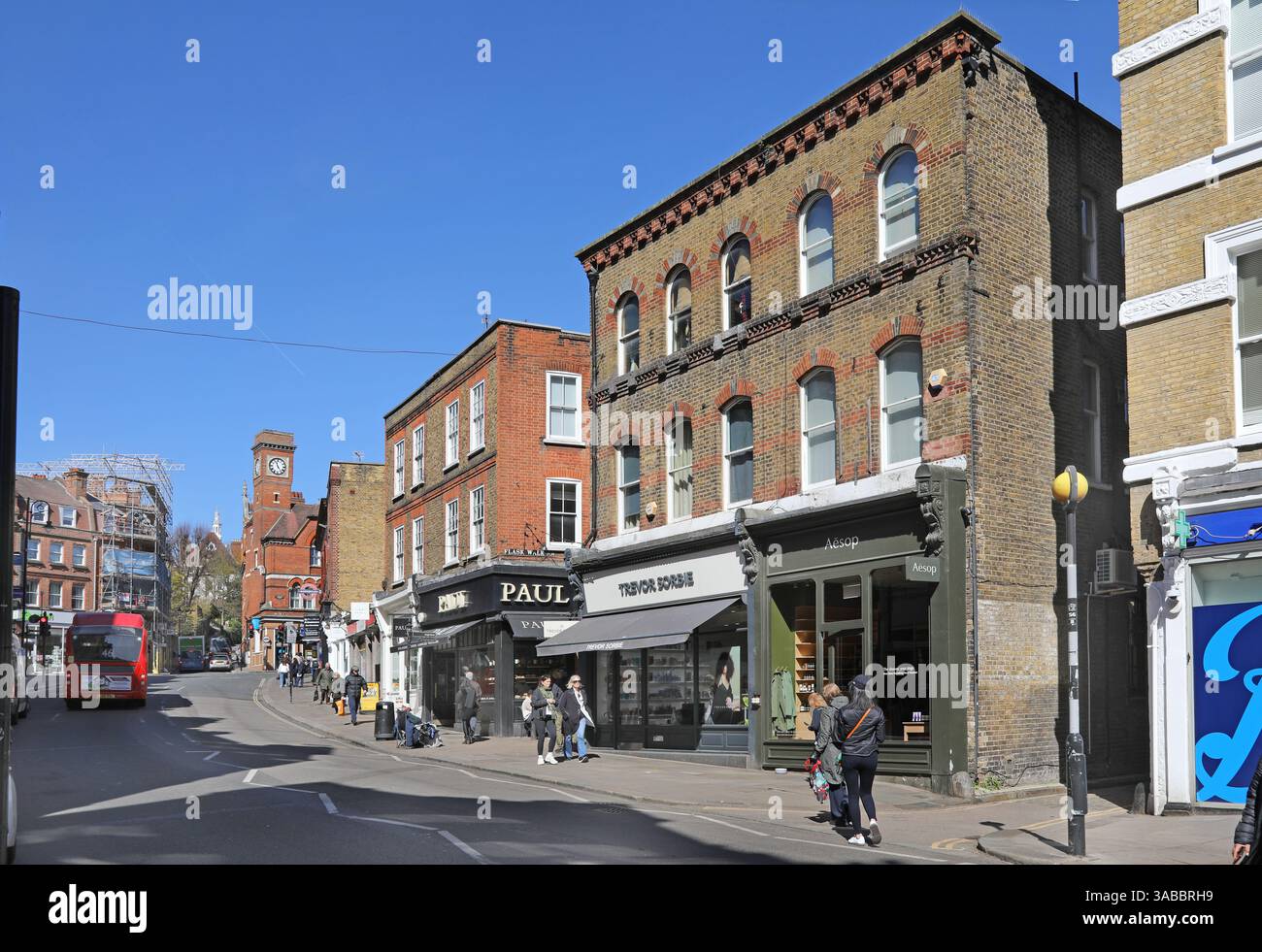 Hampstead High Street, London, UK. Shows shops, bars and restaurants in one of the most affluent areas of London. Stock Photo