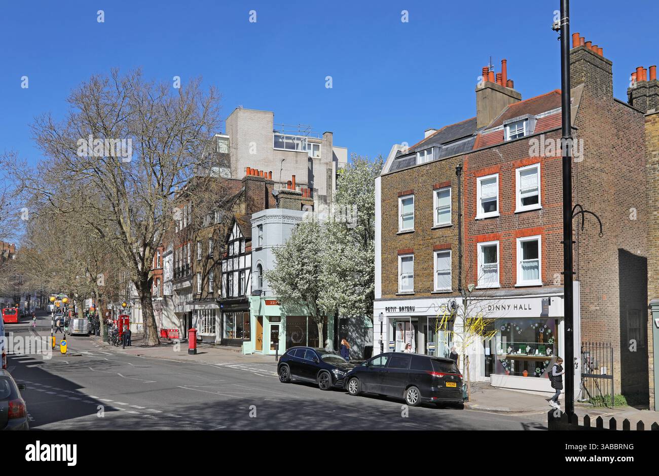 Hampstead High Street, London, UK. Shows shops, bars and restaurants in one of the most affluent areas of London. Stock Photo