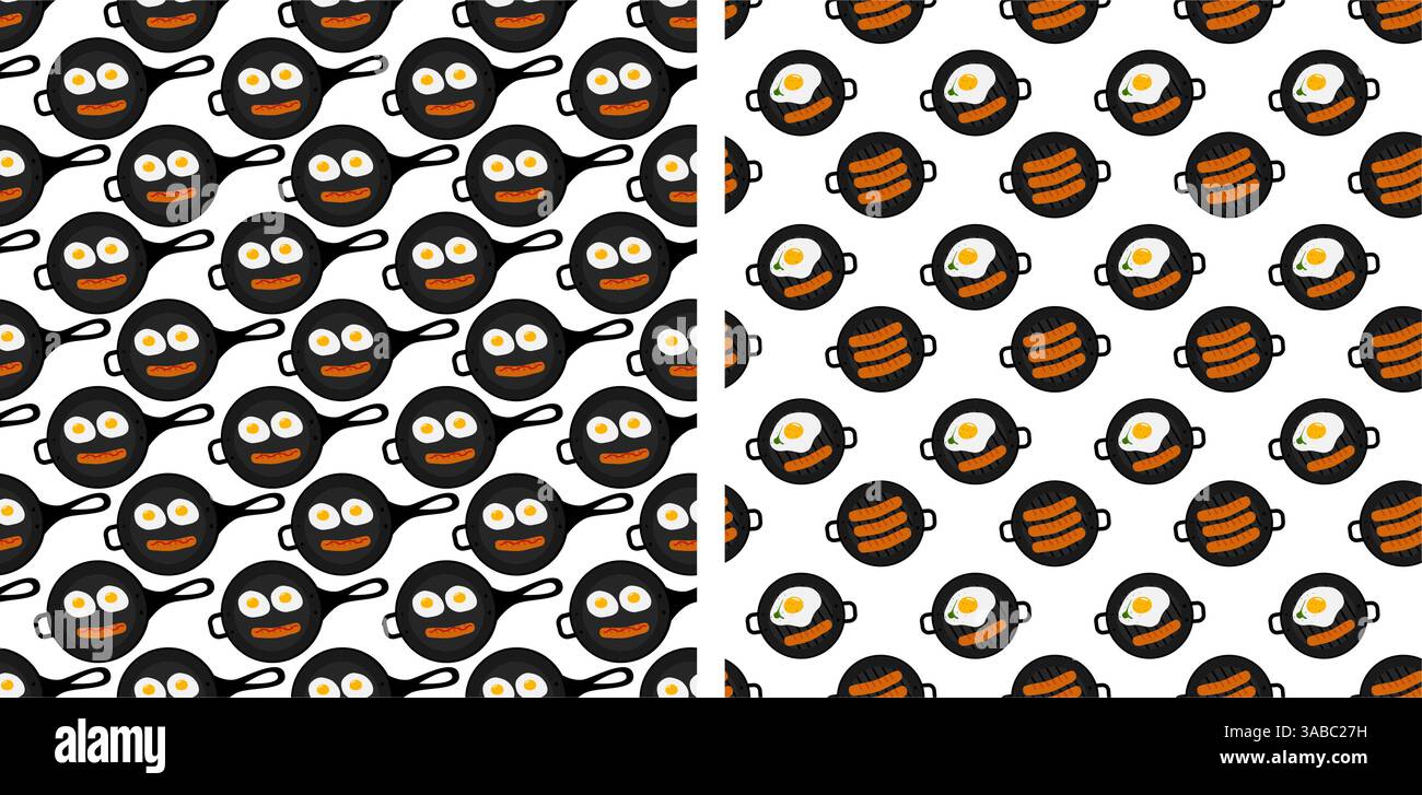 Fried eggs and sausage like smiling emoticon in pan. Grilled sausages and egg Seamless Pattern Set 2. Top view Isolated Vector illustration Culinary food poster Thematic cards Wallpaper, wrapping idea Stock Vector